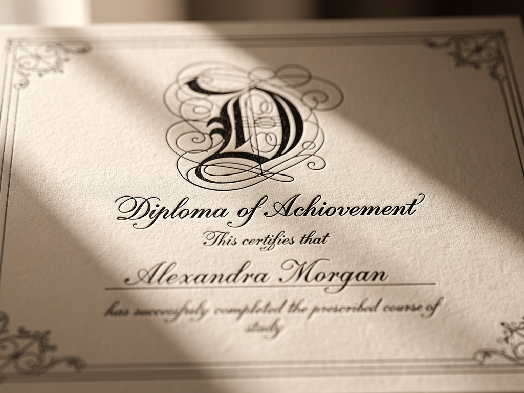 Detal dyplomu honorowego z ręcznym liternictwem i ozdobnymi inicjałami